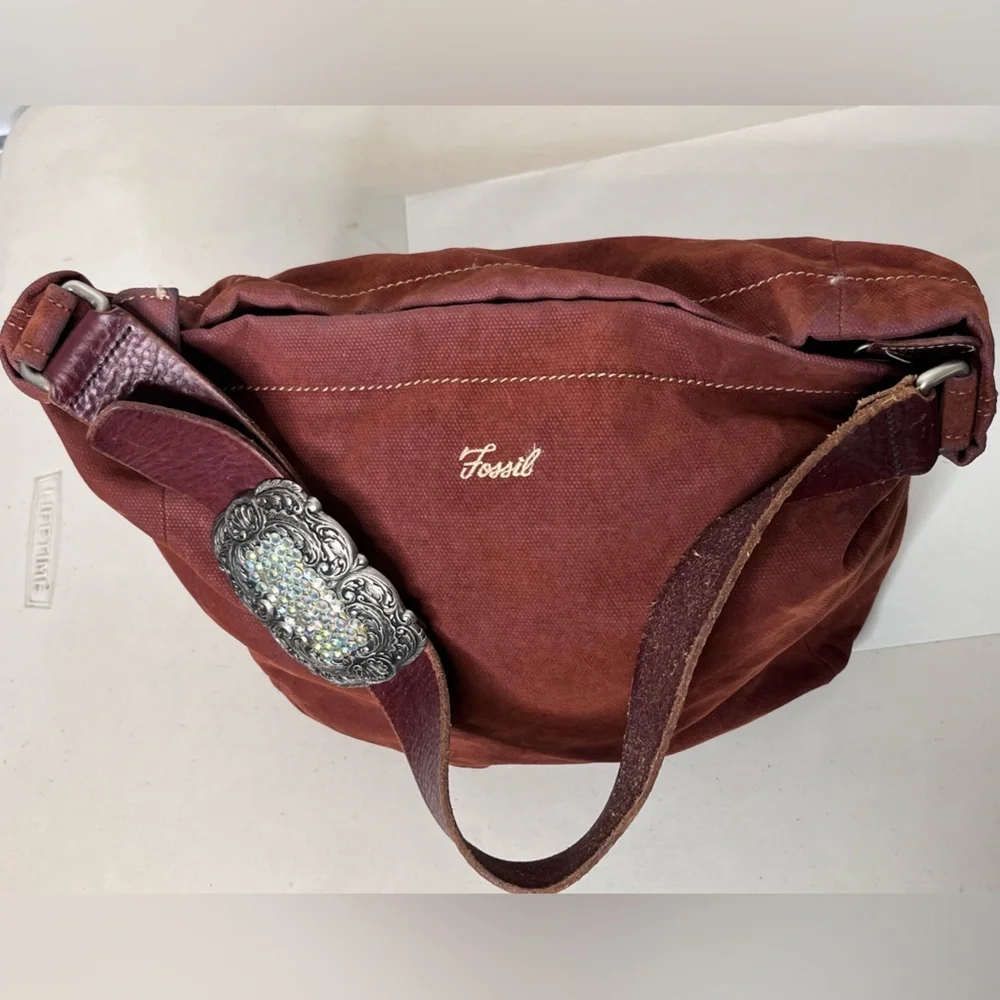 Fossil Rhinestone Buckle Leather Strap Brown Boho Canvas Hobo Bag